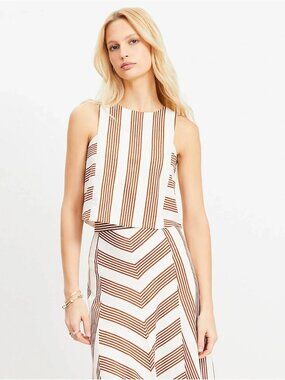 LOFT Women's Off White and Maroon Striped Tank Top - Linen blend - NWT - Size 8